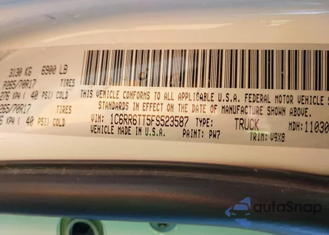 2015 Ram 1500 Slt z USA, uszkodzony, nr VIN 1C6RR6TT5FS523587